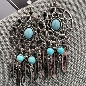 Bohemian Silver and Turquoise Dreamcatcher Earrings